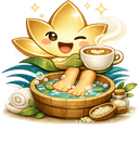 Lotti, the Kaki Harmoni lotus mascot, soaking her feet with a coffee
