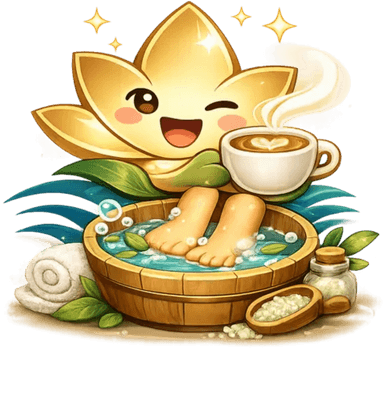 Lotti, the Kaki Harmoni lotus mascot, soaking her feet with a coffee