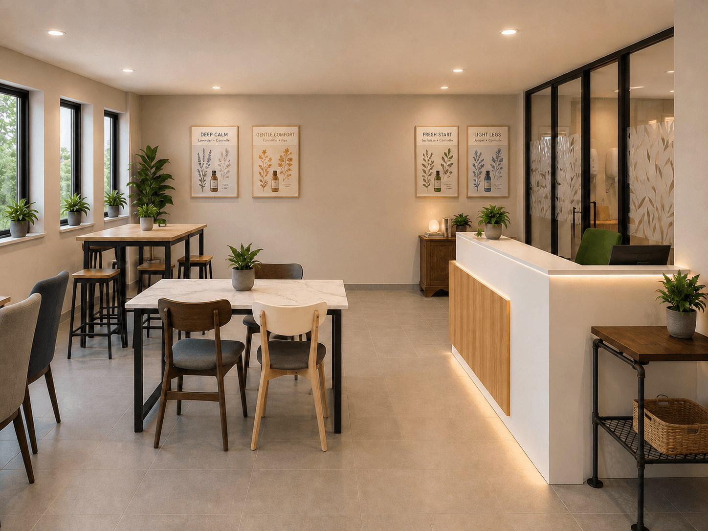 Inside the Kaki Harmoni café — tables, plants and warm lighting