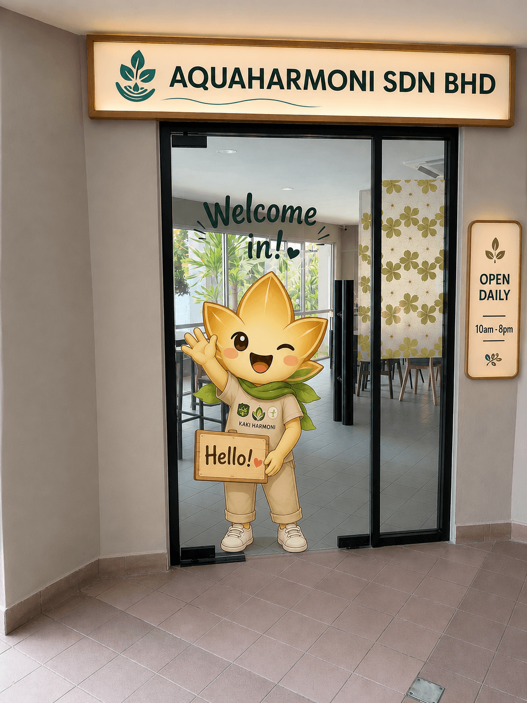 The Kaki Harmoni entrance, with Lotti waving hello on the glass door
